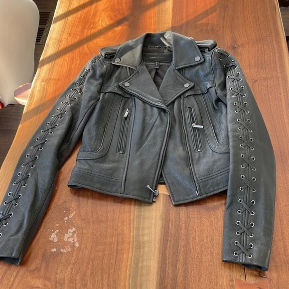 BCBG MaxAzria Genuine Leather Olive Coat with Lace Up XXS - Picture 6 of 16